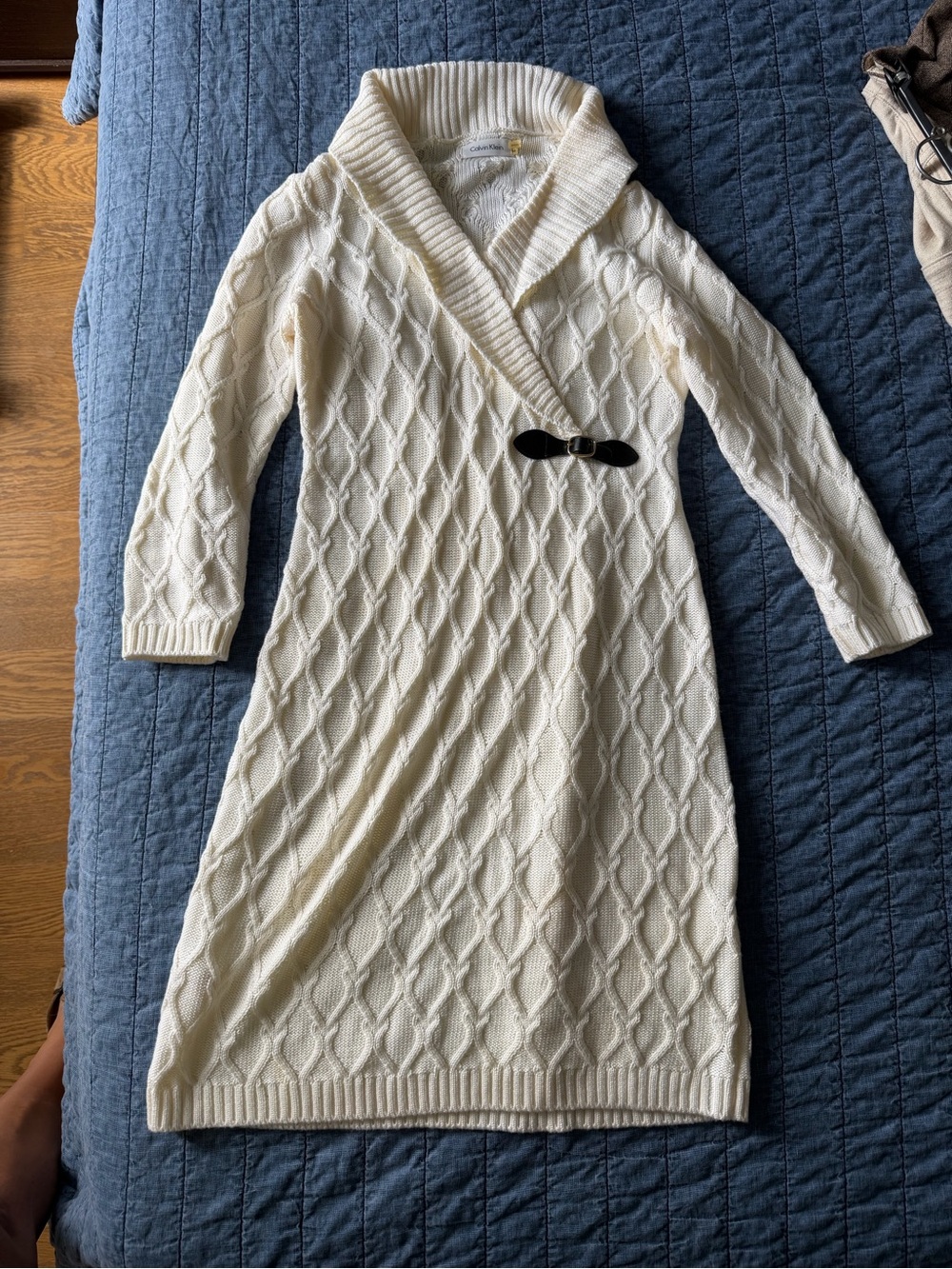 Calvin Klein Cream Cable-Knit Shawl Collar Sweater Dress